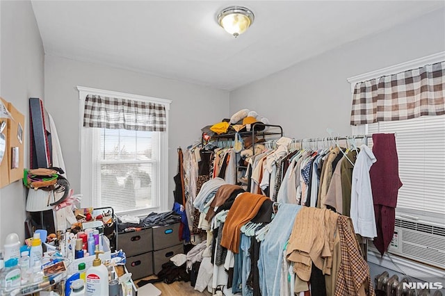 spacious closet featuring wood-type flooring and cooling unit