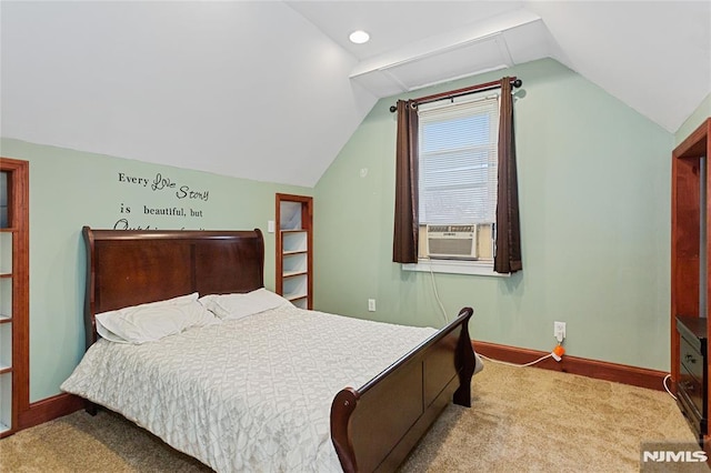 bedroom with lofted ceiling, cooling unit, and carpet