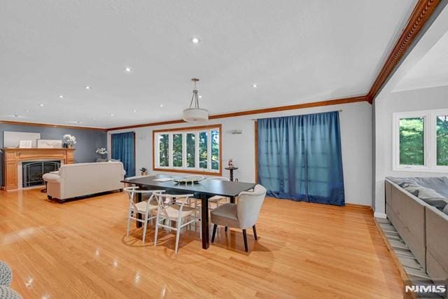 dining room with light hardwood / wood-style flooring, plenty of natural light, and ornamental molding