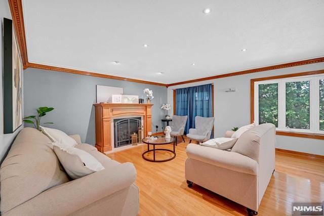 living room with light hardwood / wood-style flooring and crown molding