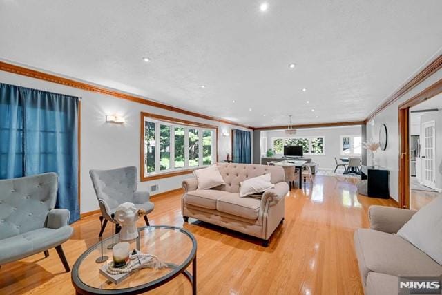 living room featuring light hardwood / wood-style flooring and ornamental molding