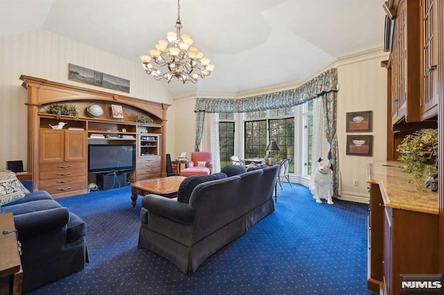 living room with dark colored carpet, a notable chandelier, lofted ceiling, and crown molding