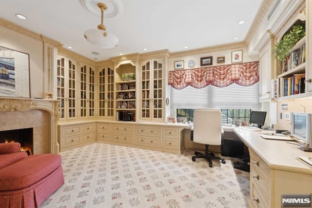 home office featuring crown molding and a high end fireplace