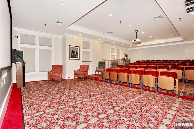 cinema room featuring a raised ceiling, carpet flooring, and ornamental molding