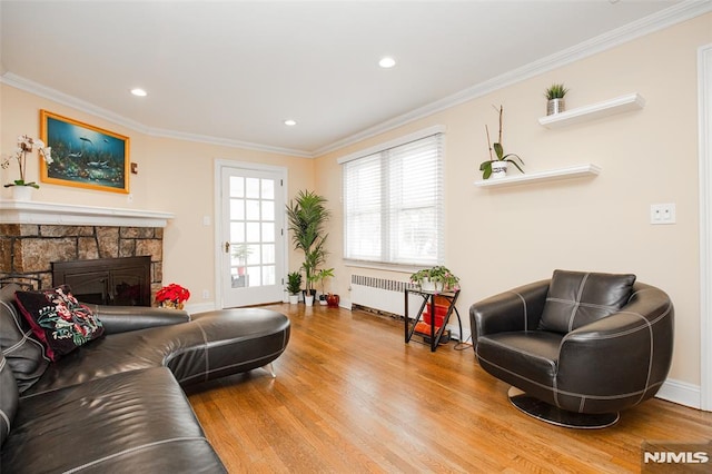 living room with crown molding, light wood-type flooring, radiator, and a stone fireplace