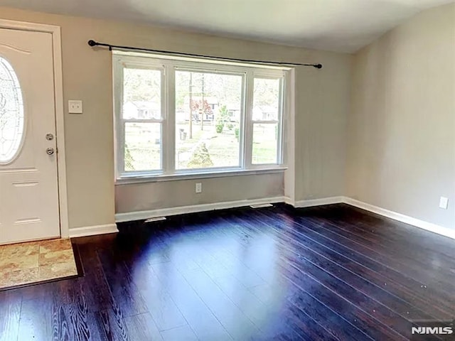 foyer featuring dark wood-type flooring and vaulted ceiling