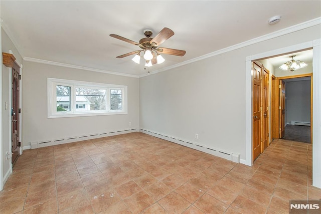 spare room with ceiling fan with notable chandelier, a baseboard radiator, and crown molding