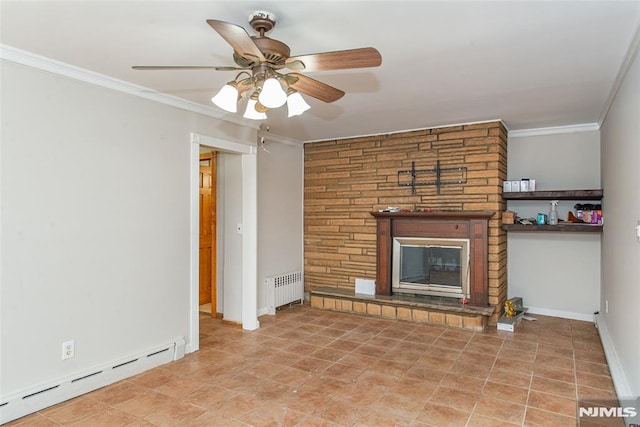 unfurnished living room featuring a large fireplace, crown molding, ceiling fan, radiator heating unit, and a baseboard radiator