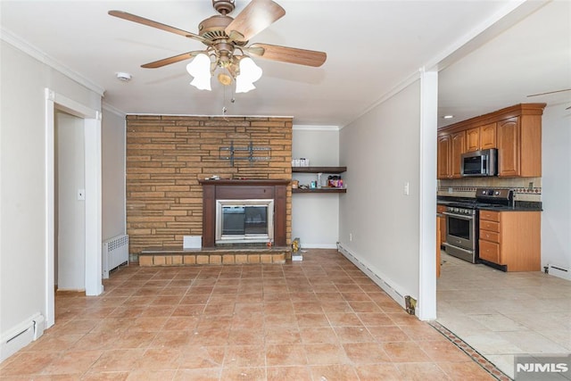 unfurnished living room with radiator, baseboard heating, ceiling fan, and ornamental molding