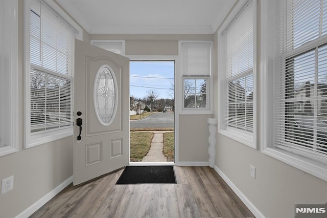 foyer entrance featuring crown molding and hardwood / wood-style floors