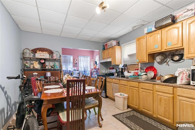 kitchen with a paneled ceiling, light tile patterned floors, and stainless steel appliances