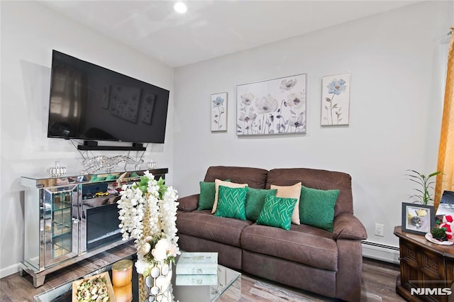 living room featuring baseboard heating and hardwood / wood-style flooring