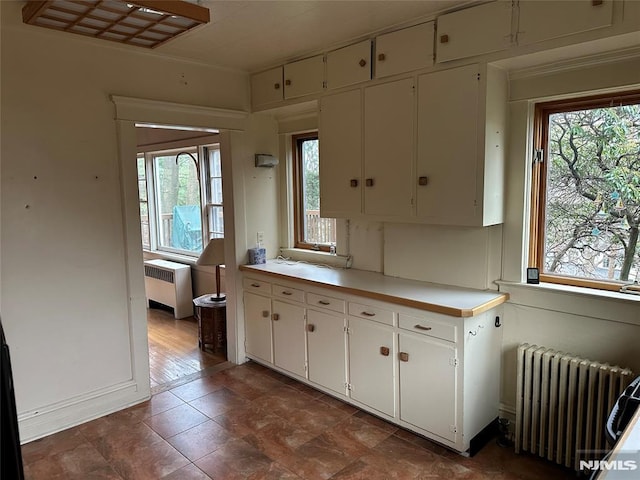 kitchen with radiator heating unit and white cabinetry