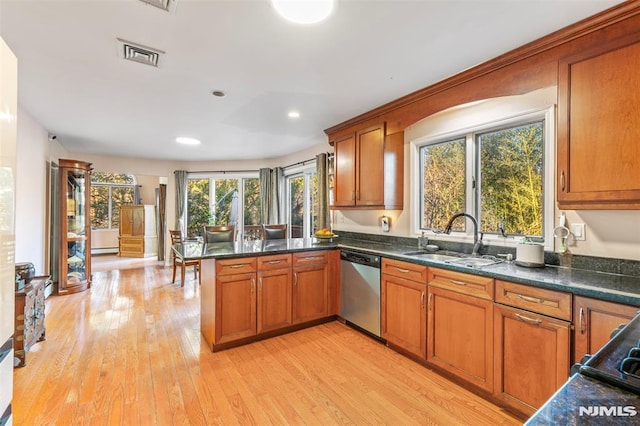 kitchen featuring kitchen peninsula, a baseboard heating unit, sink, light hardwood / wood-style flooring, and stainless steel dishwasher