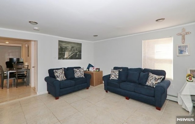 living room featuring light tile patterned flooring and crown molding