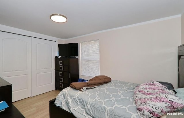 bedroom with light hardwood / wood-style flooring, a closet, and crown molding