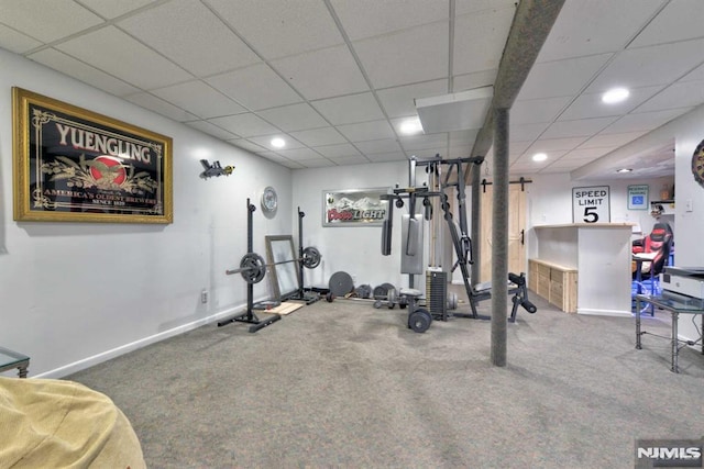 workout room featuring carpet