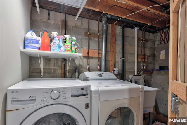 laundry area featuring electric panel and washer and clothes dryer