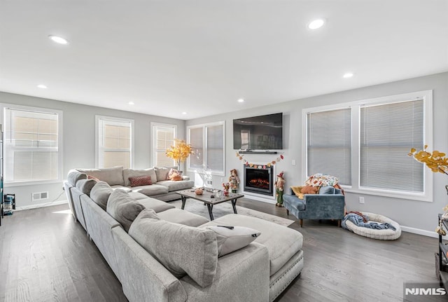 living room with dark hardwood / wood-style flooring