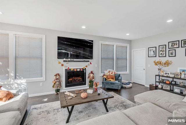 living room with dark wood-type flooring