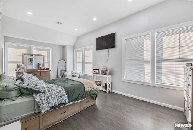 bedroom featuring lofted ceiling and dark hardwood / wood-style floors