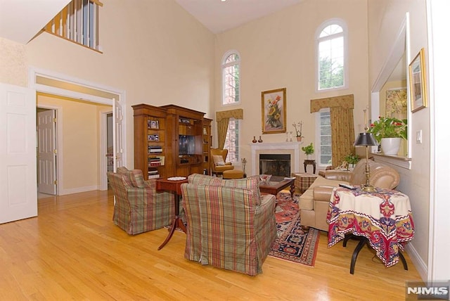 living room with a towering ceiling and light hardwood / wood-style flooring