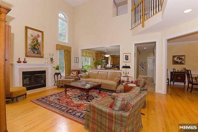 living room with a towering ceiling, ornamental molding, and wood-type flooring