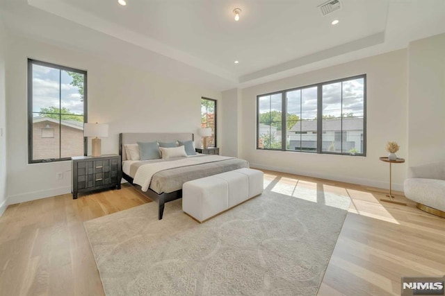 bedroom featuring light wood-type flooring and a tray ceiling