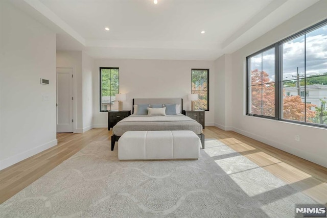 bedroom featuring a tray ceiling and light hardwood / wood-style flooring