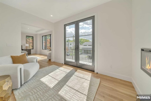 interior space with light wood-type flooring and french doors