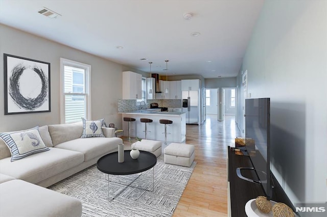 living room with light wood-type flooring and sink