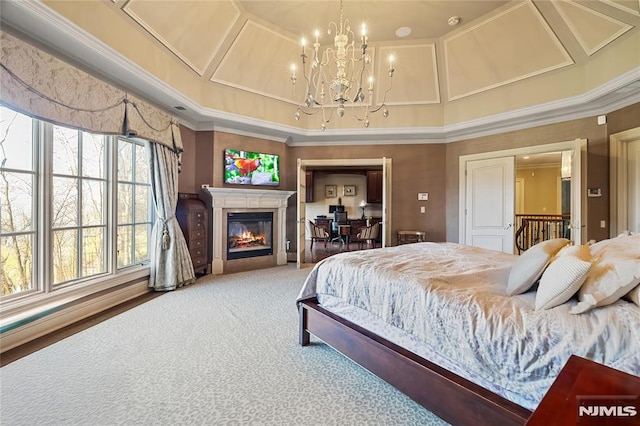 carpeted bedroom with coffered ceiling, crown molding, and a high ceiling