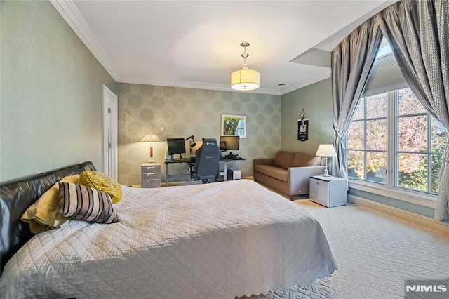 bedroom with multiple windows, crown molding, and carpet flooring