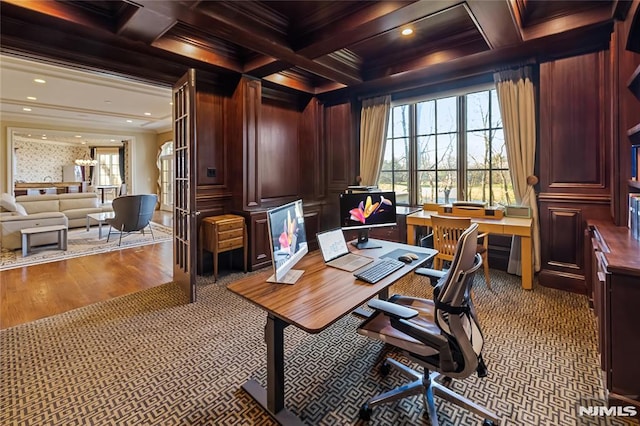 office space featuring dark hardwood / wood-style floors, beamed ceiling, coffered ceiling, and ornamental molding