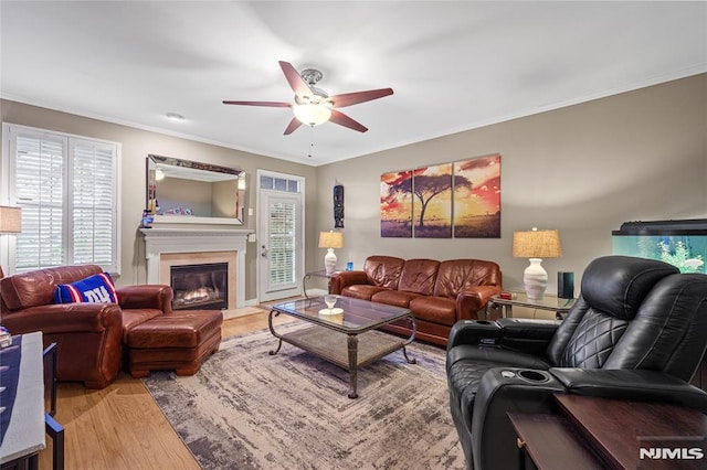 living room featuring ceiling fan, light hardwood / wood-style floors, and ornamental molding