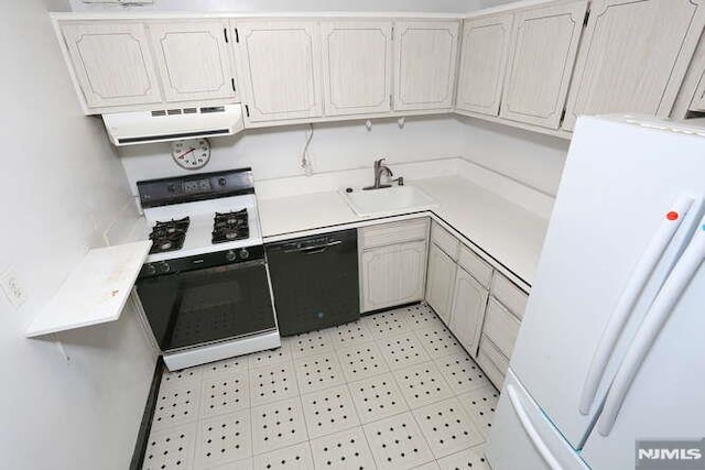 kitchen with sink, white cabinetry, and white appliances