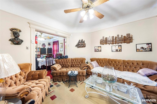 living room featuring ceiling fan