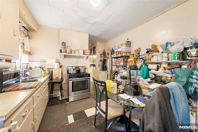 kitchen featuring sink, ornamental molding, and stainless steel gas range