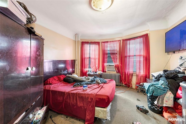 carpeted bedroom with radiator heating unit