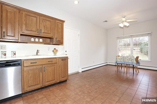 kitchen featuring dishwasher, tile patterned flooring, a baseboard heating unit, sink, and ceiling fan