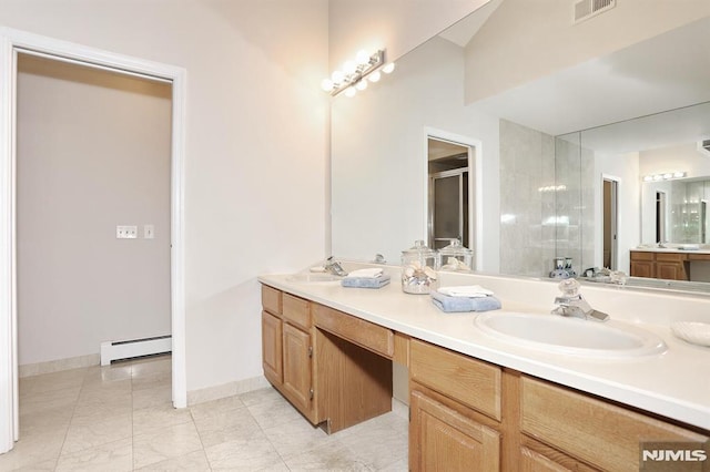 bathroom featuring a shower with shower door, baseboard heating, and vanity