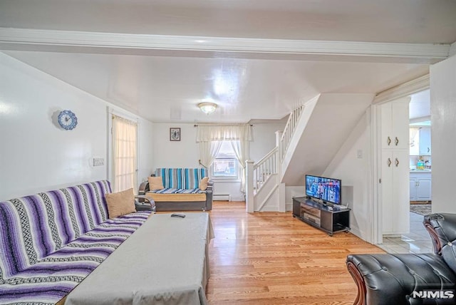 living room featuring a baseboard radiator and light hardwood / wood-style floors