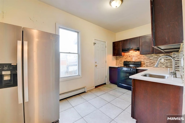 kitchen with backsplash, a baseboard heating unit, sink, stainless steel fridge with ice dispenser, and black range with gas cooktop