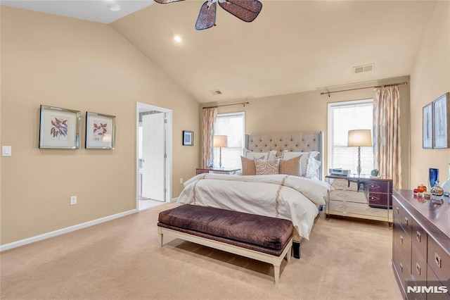 bedroom featuring ceiling fan, light colored carpet, and high vaulted ceiling