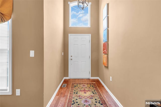 doorway to outside featuring a wealth of natural light, a notable chandelier, and hardwood / wood-style floors