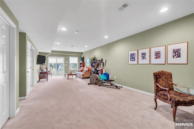 rec room with light carpet