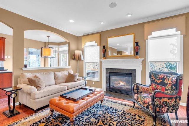 living room featuring wood-type flooring, ornamental molding, and a chandelier