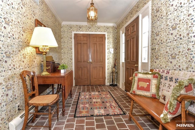 foyer featuring a baseboard radiator and crown molding