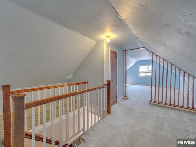 additional living space featuring a textured ceiling, light carpet, and vaulted ceiling