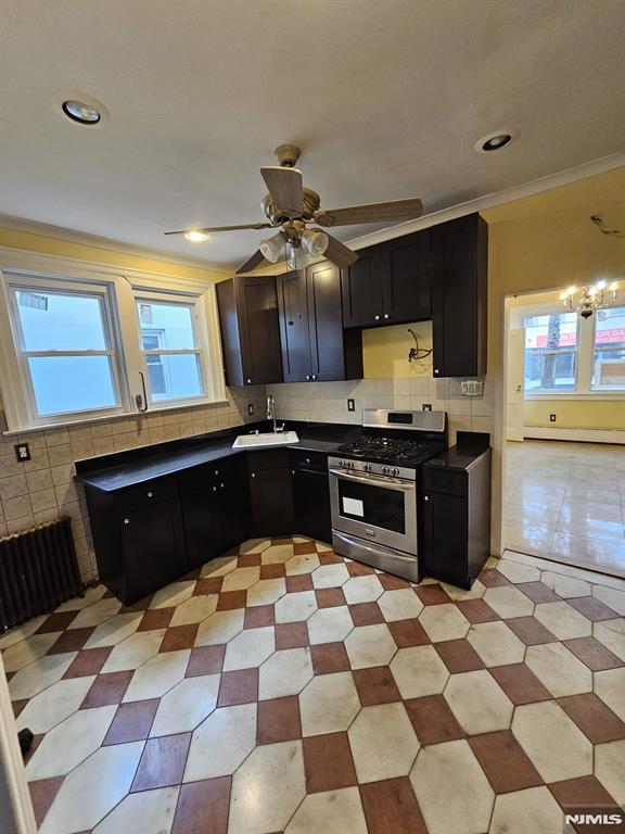 kitchen with a healthy amount of sunlight, ceiling fan, gas stove, and sink